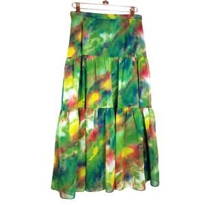Vintage | Tie Dye Flowing Long Skirt Green Abstract Print 2